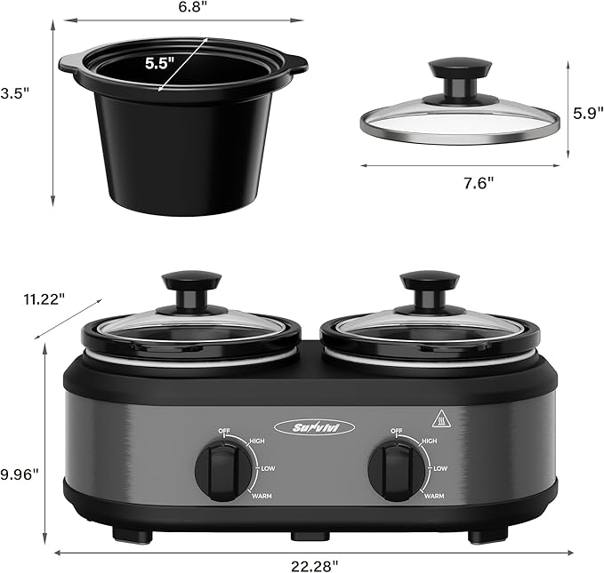 Sunvivi Dual Slow Cooker, Buffet Servers and Warmer with 2 Removable Ceramic Pots, Slow Cooker Food Warmer with Adjustable Temp & Glass Lids, Stainless Steel, 2 x 1.25 QT, Silver Grey