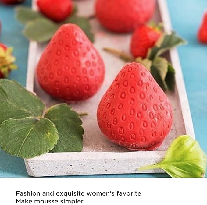 OCPO KITCHEN Strawberry Silicone Mold for Baking Mousse Cake, Fruit French Dessert, Pastry, Chocolate, Ice Cream Mould, Cake Decoration Mold, 3D Strawberry Shape (8-Cavity)