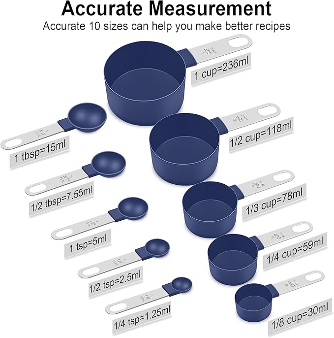 Measuring Cups and Spoons Set, 10 Pieces Nesting Measure Cups and Spoons, Kitchen Essentials Gadgets with Stainless Steel Handle for Dry & Liquid Ingredient, Blue