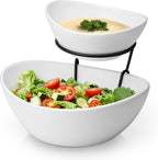 MALACASA 2 Tier Chip and Dip Serving Set with Metal Stand,Ceramic Appetizer Bowls for Party, Multi-Use Food Display for Fruits, Snacks,White Elegant Tiered Serving Dishes for Party