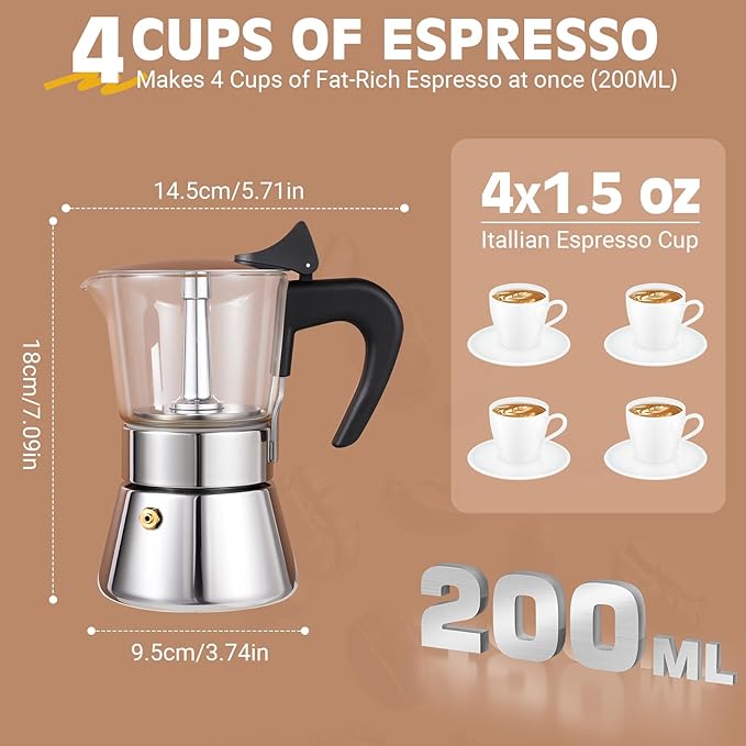 Induction Moka Pot, 4 Cups (7.1 oz) Crystal Glass-Top & Stainless Steel Moka Pot, Classic Stovetop Espresso Maker, Silver