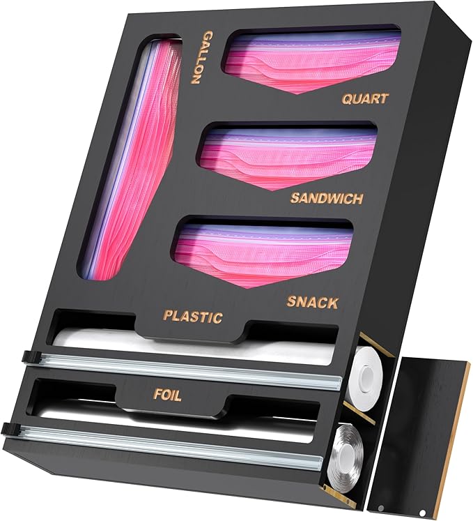6 in 1 Bag Organizer and Wrap Dispenser with Magnetic Lid - Plastic Wrap Dispenser with Cutter for Kitchen Drawer, Storage for Gallon, Quart, Sandwich, Snack Bags, and Foil Black