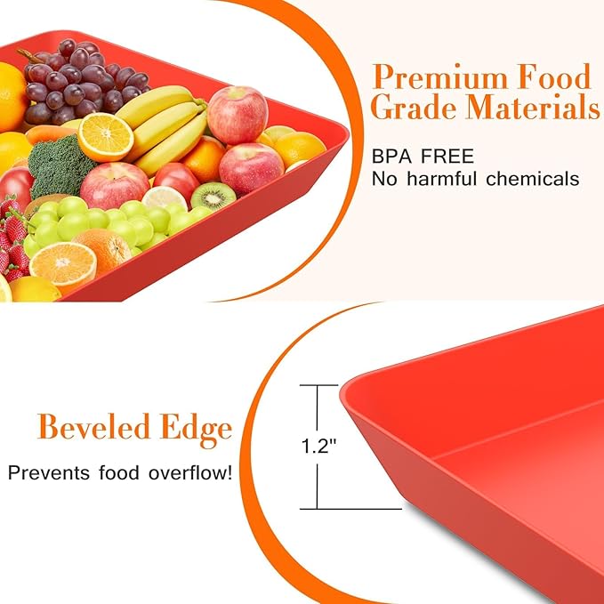 WOWBOX 6 pcs Serving Tray for Entertaining, Serving Platters for Snacks, Fruit, Cookies, Dessert, Reusable Plastic Trays for Serving Food and Pantry Organization in Kitchen & for Parties, (Red)