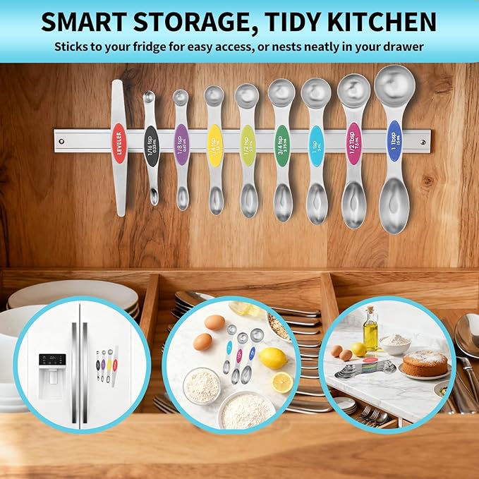 Magnetic Measuring Spoons Set of 9 with Leveler, Color-Coded Dual Sided Stainless Steel Measuring Spoon Set, Stackable Teaspoon and Tablespoon Set for Baking, Cooking, Kitchen Gadgets Dishwasher Safe