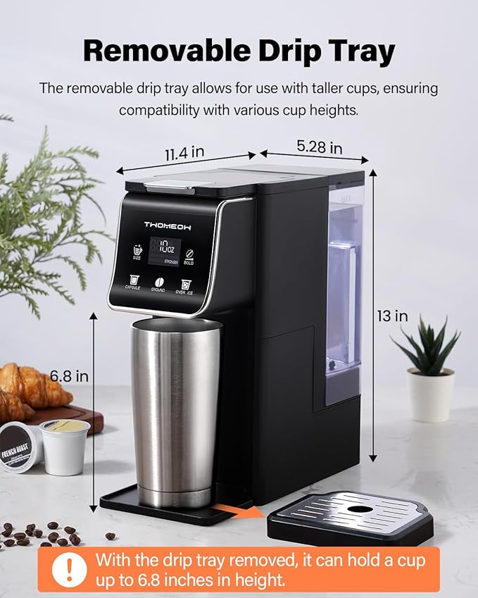 Coffee Maker Hot & Iced With Bold Setting,Single Serve Coffee Maker For K Cup And Grounds,52 Oz Removable Water Tank,6-14 Oz Brew Sizes,One Cup Kcup Coffee Machine With Reusable Filter,(Black)