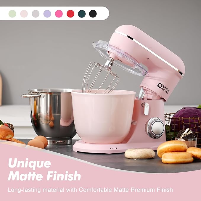Kitchen in the box Stand Mixer, 4.5QT+5QT Two bowls Electric Food Mixer, 10 Speeds 3-IN-1 Kitchen Mixer for Daily Use with Egg Whisk,Dough Hook,Flat Beater (Rose Pink, 5QT)