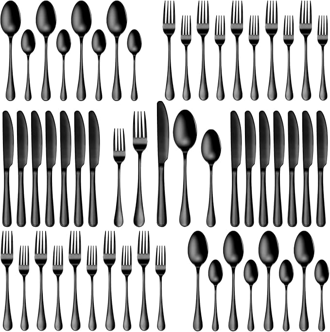 40 Pcs Black Silverware Set, Stainless Steel Flatware Set for 8, Food-Grade Cutlery Set, Mirror Polished Tableware Eating Utensils Set for Home Kitchen, Include Knife Fork Spoon Set, Dishwasher Safe