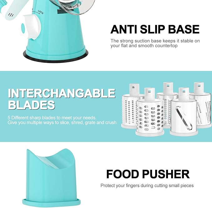 Cambom Rotary Cheese Grater Hand Crank Cheese Shredder for Fresh Cheese, Vegetable, Nuts,Non-slip Suction Base, Five Blades, Blue