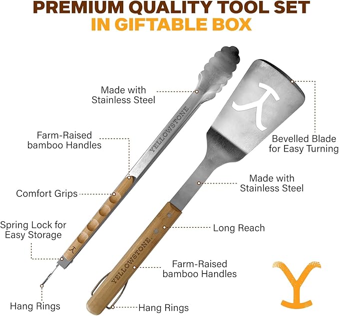 Y Yellowstone BBQ Tool Set - 2 Piece Spatula & Tongs, Grilling Utensils Set, Stainless Steel Barbecue Accessories for Outdoor Grill, Grill Gift for Men, Authentic Yellowstone Merchandise