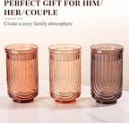 Venus Vintage Drinking Glasses Set of 6-17oz Hand-Blown Highball Ribbed Glassware, Arch Design Cocktail Glasses for Whiskey Water Beverages Ice Coffee Juice Milk
