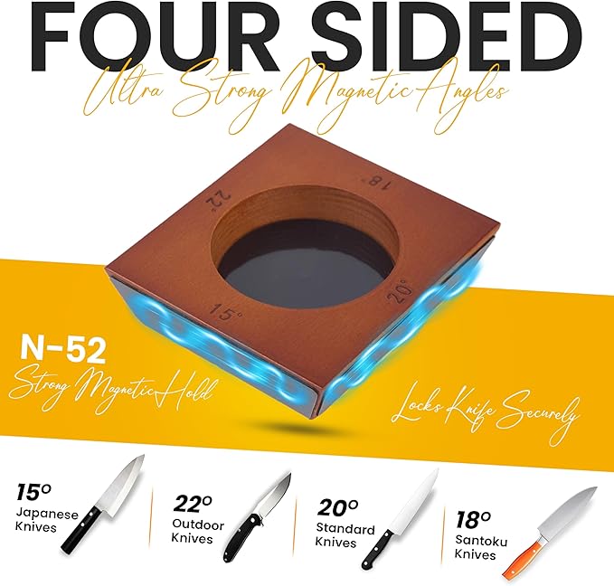 Rolling Knife Sharpener Kit – Magnetic 4-Angle Base, 3.86 Inches Longer Wooden Roller, 4 Grit Discs (1000/400 Diamond & 3000 Maroon / 6000 White Ceramic) and Leather Strop