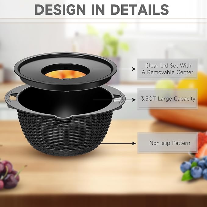 4-1 Colander with Bowl Set - Pasta Strainer - Colander for Kitchen - Strainers and Colanders Rice Strainer Fruit Cleaner Veggie Wash Sink Strainer Kitchen Essentials - Black
