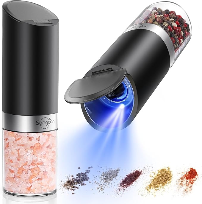Sangcon Gravity Electric Salt and Pepper Grinder Set with Dust Cover, Battery Operated(4 AAA), Large Capacity, Adjustable Coarseness, One Hand Automatic Salt and Pepper Shakers Set Mill with LED Light