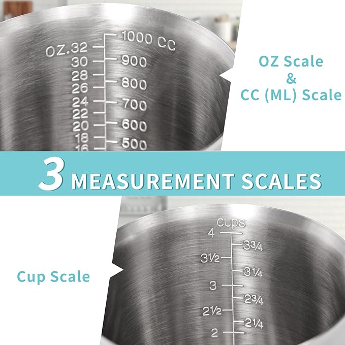 Measuring Cup, [Upgraded, 3 Measurement Scales, Including Cup Scale, ML Scale, Ounce Scale], Newness Stainless Steel Measuring Cup with Marking with Handle, 32 Ounces (1.0 Liter, 4 Cup)