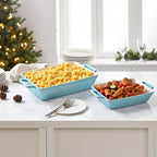 Hacaroa Set of 3 Ceramic Baking Dishes, Rectangular Bakeware with Handles, Elegant Casserole Dish Set Lasagna Pan for Baking, Cooking, Cake Dinner, Banquet, Lake Blue, 3 Sizes