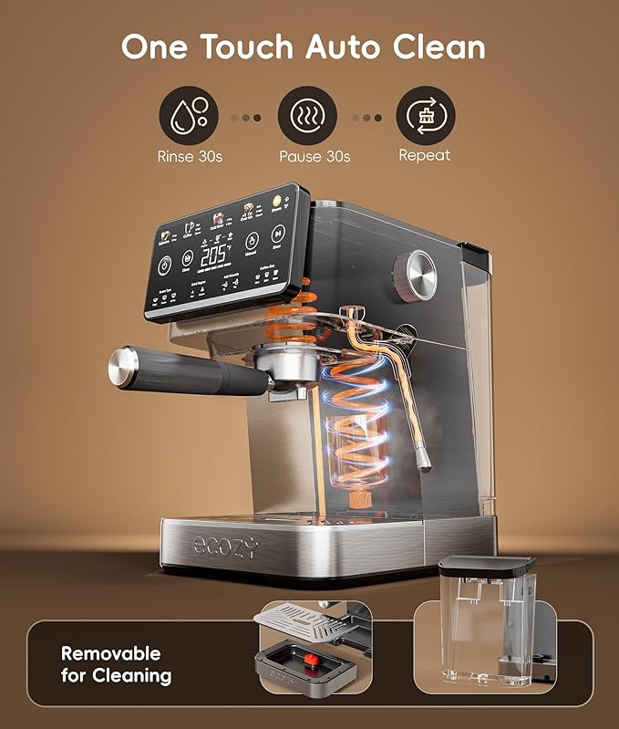 ecozy 4-in-1 Espresso Machine and Coffee Maker Combo with Milk Frother, Cold Brew & Over Ice, Interactive Touch Screen, Stainless Steel, Brezzano Elite Series for Cappuccinos, Lattes, Americanos
