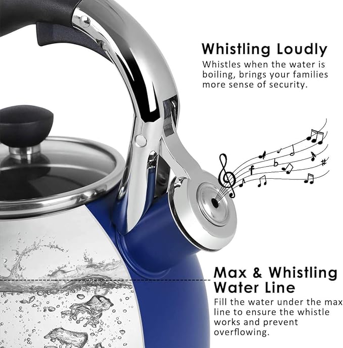 Rorence Stainless Steel Tea Kettle: 2.6 Quart Whistling Kettle with Capsule Bottom & Heat-resistant Glass Lid – Navy Blue