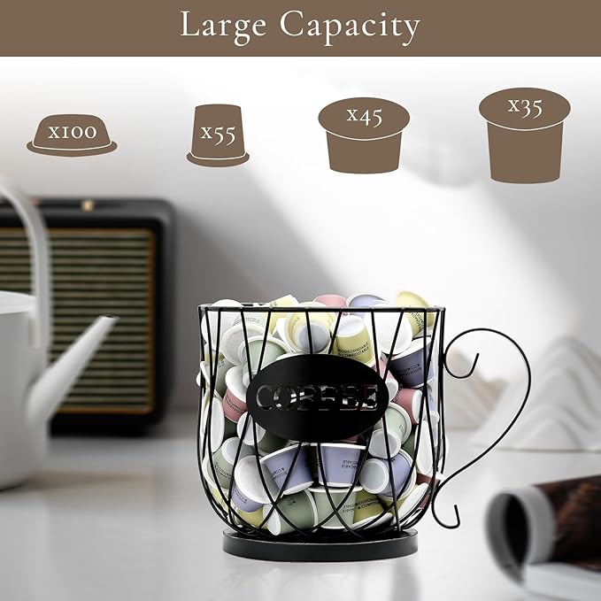 Coffee Pod Holder Organizer, Large Capacity K Cup Holder Organizer, Storage Basket for Kitchen Countertop Office Coffee Bar with Wooden Base(Rustic Black-Round)