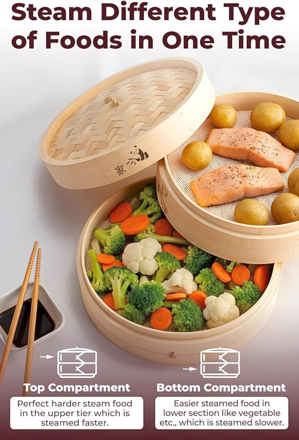 Prime Home Direct Bamboo Steamer Basket 8-Inch | 2-Tier Steamer for Cooking | 50 Liners | Small Instant Steaming Cookware Asian Food, Bao Buns, Chinese, Dim Sum, Dumpling, Rice, Vegetable Steam Pot