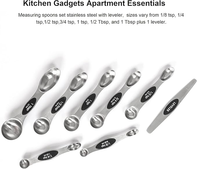 Magnetic Measuring Spoons Set with Leveler, Stackable Stainless Steel Tablespoons for Baking, Fits in Spice Jars
