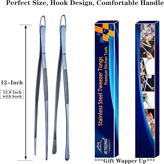 JETKONG 2 Pcs 12-Inch Cooking Tweezer Tongs Stainless Steel Kitchen Tweezers Plating Tongs (Navy Blue)