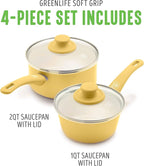 GreenLife Soft Grip 1QT and 2QT Saucepan Set, Healthy Ceramic Nonstick, Non Toxic PFAS & PFOA-Free, Dishwasher Safe, Glass Lids, Stay-Cool Handles, Easy Clean Cookware, Kitchen Essentials, Yellow