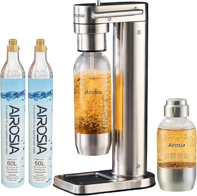 Carbonates Any Drink – Airosia Soda Maker, 304 Stainless Steel Sparkling Water Carbonator Machine with 2 BPA-Free Bottles (1L & 0.5L) and 2 CO2 Carbonator