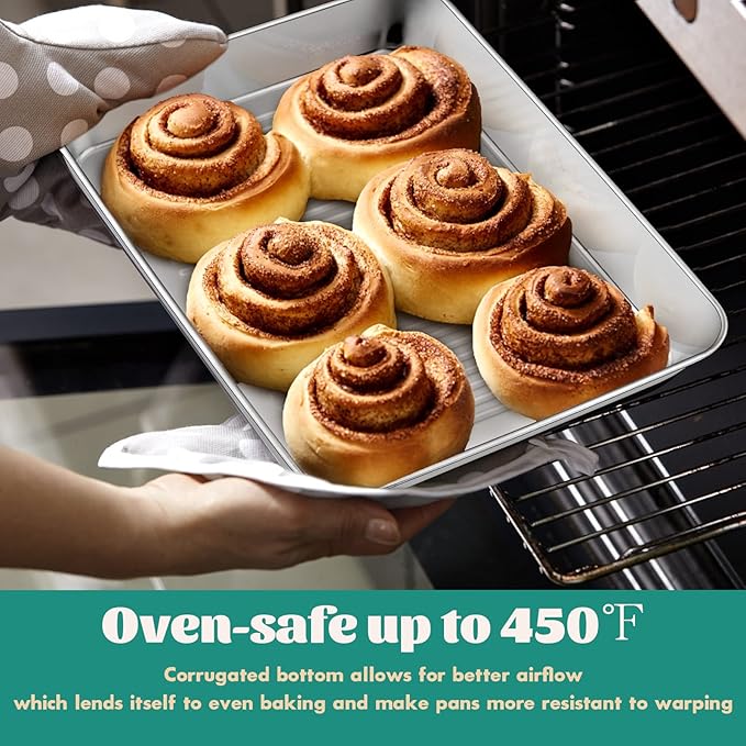 Baking Pans Set of 3, E-far Stainless Steel Sheet Cake Pan for Oven - 12.5/10.5/9.4Inch, Rectangle Textured Pan Tray Set for Lasagna Brownie Casserole Cookie, Non-toxic & Healthy, Dishwasher Safe