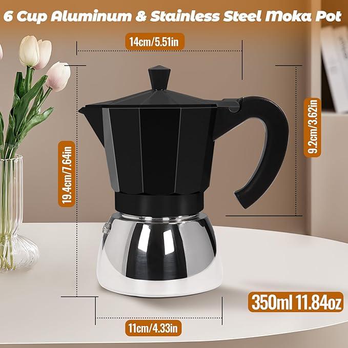 No Coating 6 Cup Aluminum and Stainless Steel Moka Pot Stovetop Espresso Maker Italian Coffee Machine 350ml 11.84oz Suitable for Gas Induction Stovetop Greca Coffee Maker Percolator Black