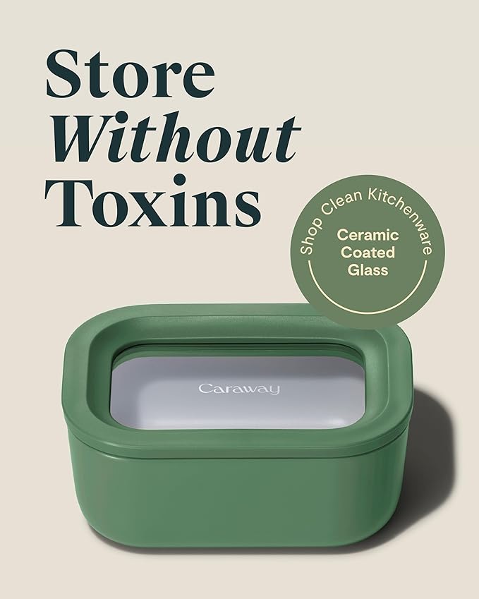Caraway Mini Rectangle Food Storage Container - 2.6 Cup Glass Storage Container for Food - Non-Toxic Ceramic-Coated Glass - Air Release Technology - Compact & Stackable Design - Sage