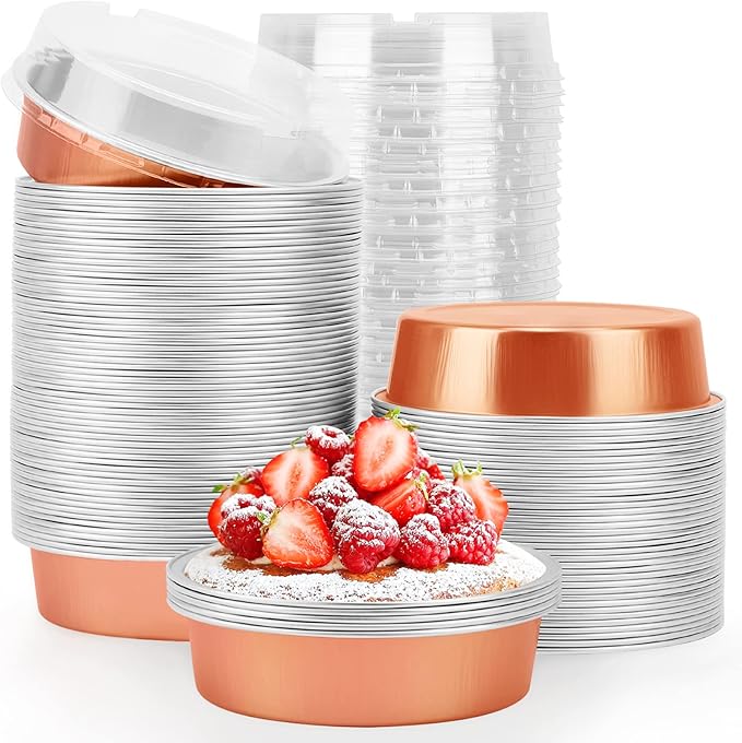 Beasea Mini Tart Pans, 8 Oz, 100 Pack, Rose Gold Aluminum Pie Pan Cartoon Tin Tart Pans, Round Oven Baking, 4 Inch