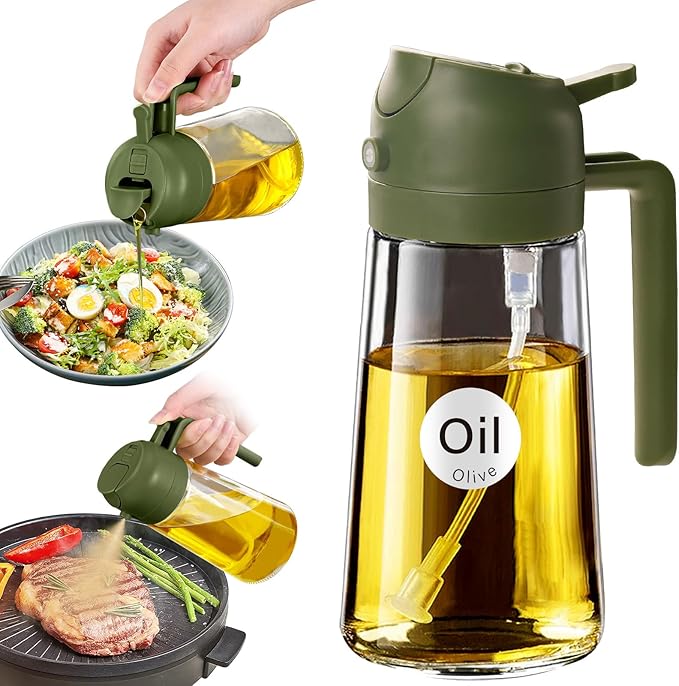 YARRAMATE 16oz/470ml Glass Olive Oil Sprayer for Cooking with Stickers, 2 in 1 Oil Dispenser for Kitchen Gadgets, Food Grade Premium Spray Bottle with Portion Control for Salad, BBQ (OliveGreen)