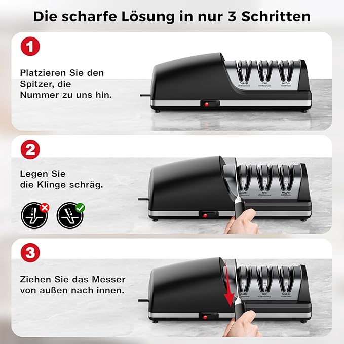 Professional Electric Knife Sharpener, 3-Stage Diamond Abrasive Sharpening System, Replaceable Sharpening Heads, 15° Precision Angle Guide for Kitchen Knives, Quick Blade Repair and Restoration