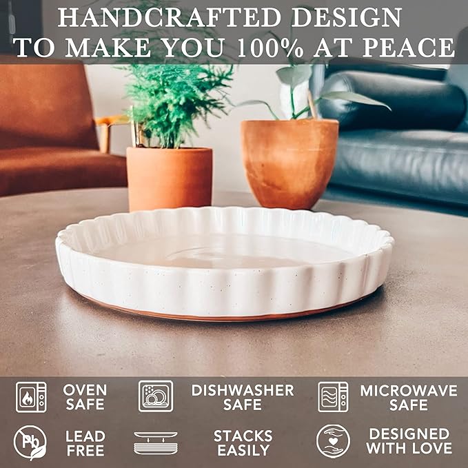 Mora Ceramic Tart Pan, 9.5 Inch Large Porcelain Baking Dish for Tarts, Quiche, Pie, Flan etc. Fluted Ruffled Edge, Oven, Microwave, Freezer, and Dishwasher safe - Great Gift For Bakers - Vanilla White