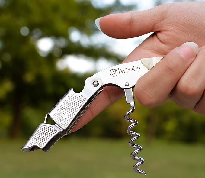 WineOp Professional Wine Opener Luxury Double Hinged Waiter's Corkscrew Wine Bottle Key - Cork screwer for Servers, Bartenders, Sommelier and Home Use | All-In-One Stainless Steel (White Resin)