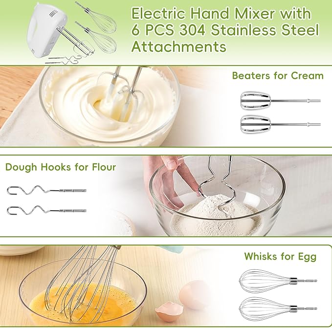 5-Speed Electric Hand Mixer, 4 Large Mixing Bowls Set, Handheld Mixers with Whisks Beater, Stainless Steel Metal Nesting Bowl Measuring Cups Spoons Kitchen Cake Blender for Baking Supplies