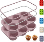 2 Pack 6 Cups Jumbo Muffin Pan with Metal Reinforced Frame Silicone Molds Egg Bites Silicone Circle Cookie Molds Extra Large Muffin Tin Jumbo Tart Pans Baking Sheet Set for Sandwiches
