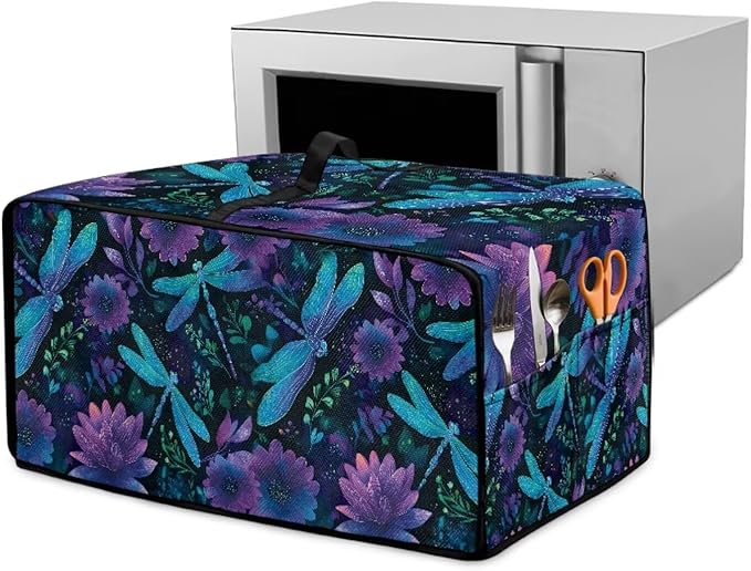 Dragonfly Lotus Print Toaster Oven Cover Compatible with Most Toaster Ovens, Heavy Duty Dust-proof Microwave Oven Cover for Kitchen Counter, Purple (Medium-16.1 * 19.71 * 10 inches)