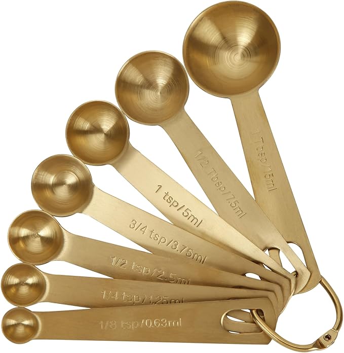 Measuring Spoons,304 Stainless Steel Measuring Cups & Spoon Set of 7 Piece:1Tbsp&1/2Tbsp,1tsp,3/4tsp,1/2tsp,1/4tsp,1/8tsp Teaspoon Coffee Scoop Tablespoon for Dry and Liquid Ingredients,Gold