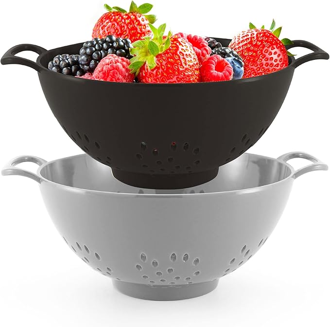 Meadow Lane 6-inch Small Colander, BPA-Free, Dishwasher Safe, Double Handles, Compact Food Strainer for Berries, Veggies and Pasta, 3-Cup Capacity, Black and Gray, 2-Pack