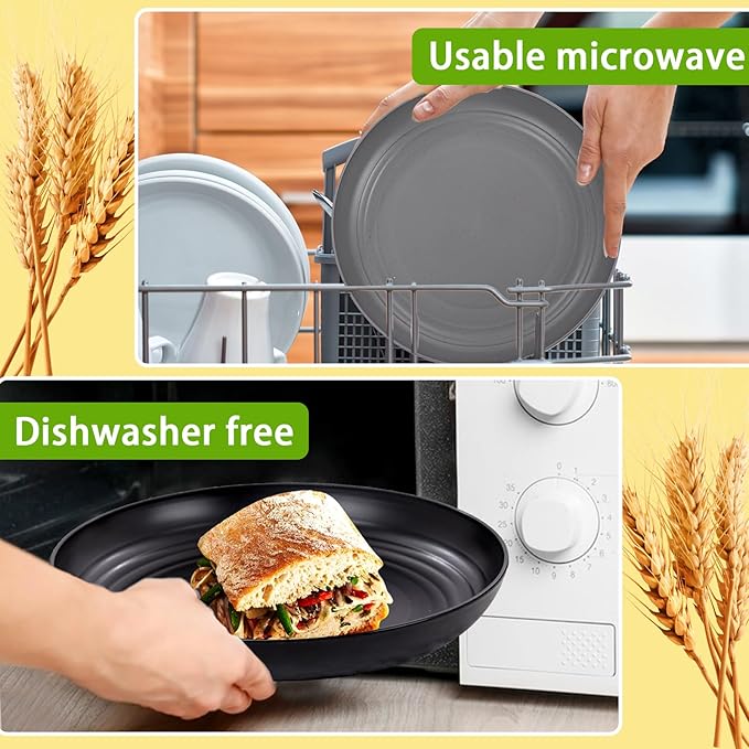 Rubtlamp 24Pcs Kitchen Plastic Wheat Straw Dinnerware Set,Dinnerware Sets for 6,Microwave Dishwasher Safe Plates, Unbreakable Reusable Plastic Wheat Straw Bowls & Plate for Camping