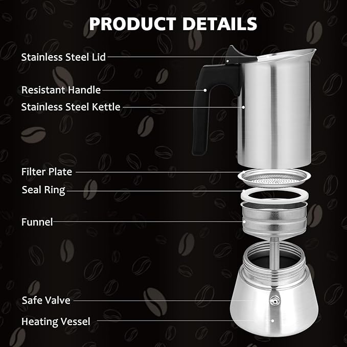 Stovetop Espresso Maker Stainless Steel Moka Pot, 6 cup Espresso Coffee Pots 300ml/10oz(Espresso Cup=50ml/1.7oz), Italian Coffee Maker for Induction Cookers Hobs, Cafe Maker for Camping Home