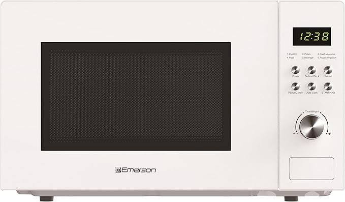 Emerson MW1101W Countertop Microwave Oven with Button Control, LED Display 1000W, 10 Power Levels, 6 Auto Menus, Glass Turntable and Child Safe Lock, 1.1 Cu. Ft., White
