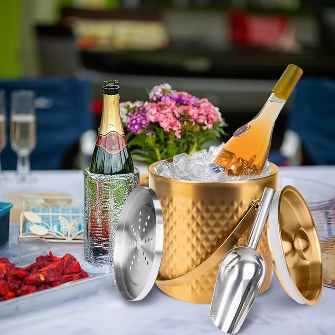 3L Double-Wall Insulated Stainless Steel Ice Bucket with scoop for Cocktail Bar - Metal Ice Bucket for freezer with Lid for parties,Camping,and More!champagne bucket,bar cart accessories(gold)