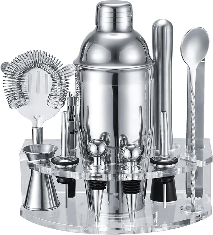 Bartender Kit Cocktail Shaker Set, Stainless Steel Cocktail Kit with 12 Piece Bar Accessories, 25oz Shaker Bar Set Drink Mixer Set with Stand Jigger Strainer Spoon Muddler for Cocktails (Silver)