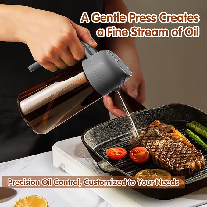 YARRAMATE 16oz/470ml Dark Brown Oil Sprayer for Cooking with Stickers, Food-grade Premium 2 in 1 Olive Oil Dispenser Bottle for Kitchen Gadgets, Air Fryer, Salad, Frying, BBQ (Grey)