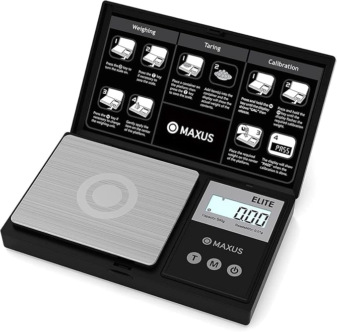 MAXUS Digital Pocket Gram Scale 500g x 0.01g High Precision with Tray, Weighs Small Food, Jewelry, Ounces, Grains, LCD Display, Tare Function