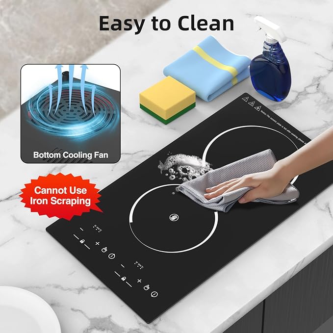 12“ Induction Cooktop, Double Induction Cooktop 2 Burner 110v-120v Electric Stove Top, Countertop and Built-in, 9 Power Levels, Child Lock, 120 Mins Timer
