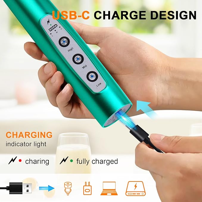 YUSWKO Turquoise Handheld Milk Frother Wand for Coffee, Rechargeable Electric Whisk with 3 Heads 3 Speeds Drink Mixer Coffee Frother For Latte, Cappuccino, Hot Chocolate, Egg
