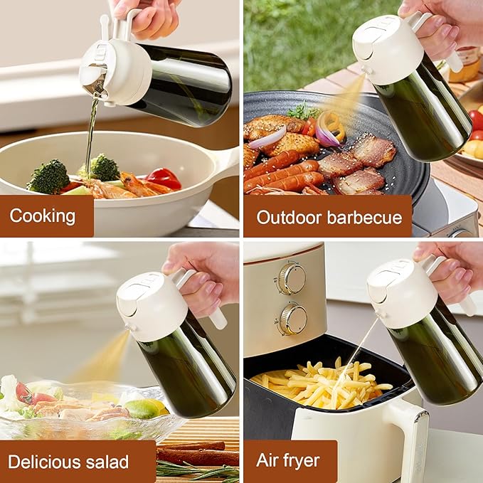 YARRAMATE 16oz/470ml Light-Blocking Dark Oil Sprayer for Cooking, 2 in 1 Olive Oil Dispenser Bottle for Kitchen, Premium Dark Green Glass Oil Bottle, Food-Grade Oil Mister for Air Fryer, BBQ (White)